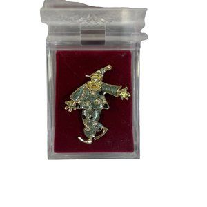 Statement Brooch Rhinestone Crystal Jointed Jester Clown Pin Green Gold
